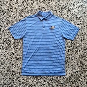 Columbia Golf Anaheim Ducks Logo Polo Shirt Blue White Stripe Stretch Meedium
